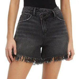 Good American 90's shorts cross-over high waist black jean denim fringe new 16